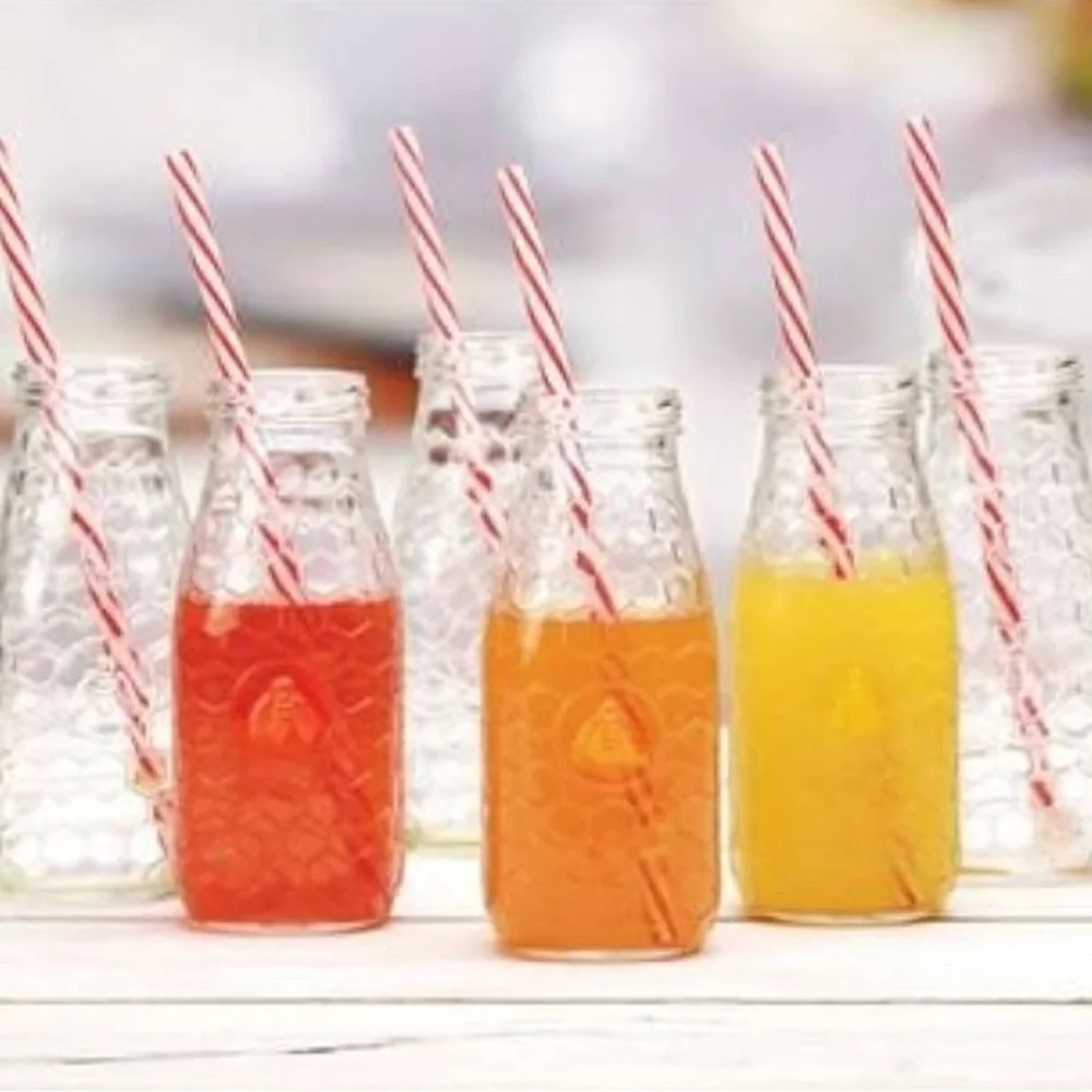 Circleware Honey Bee Embossed Glass Bottle Set with Straws - Red, Orange, Yellow